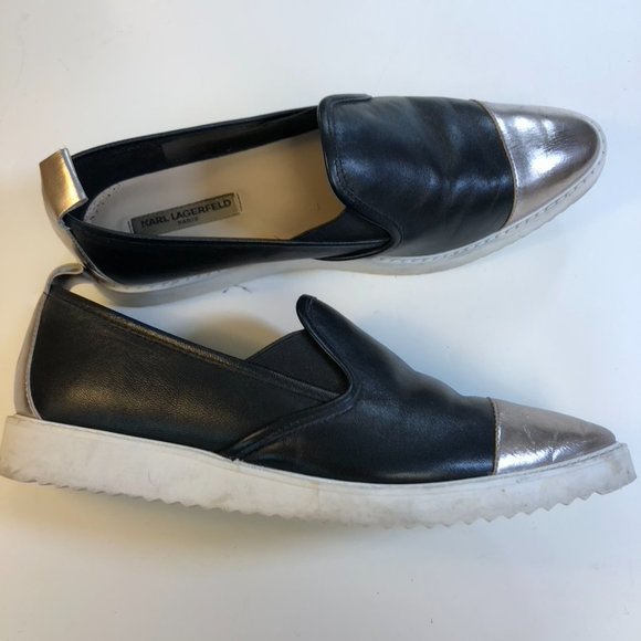 Women Karl Lagerfeld sz 8,5 leather slip on color block black/gold - Picture 4 of 6